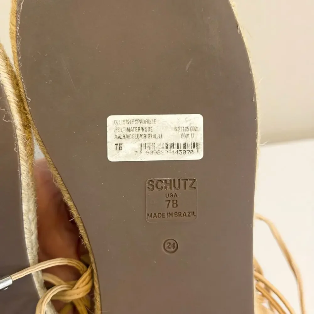 Schutz Crystal Lace-Up Espadrilles 7B Tan Silver Rhinestone Summer Flat Resort